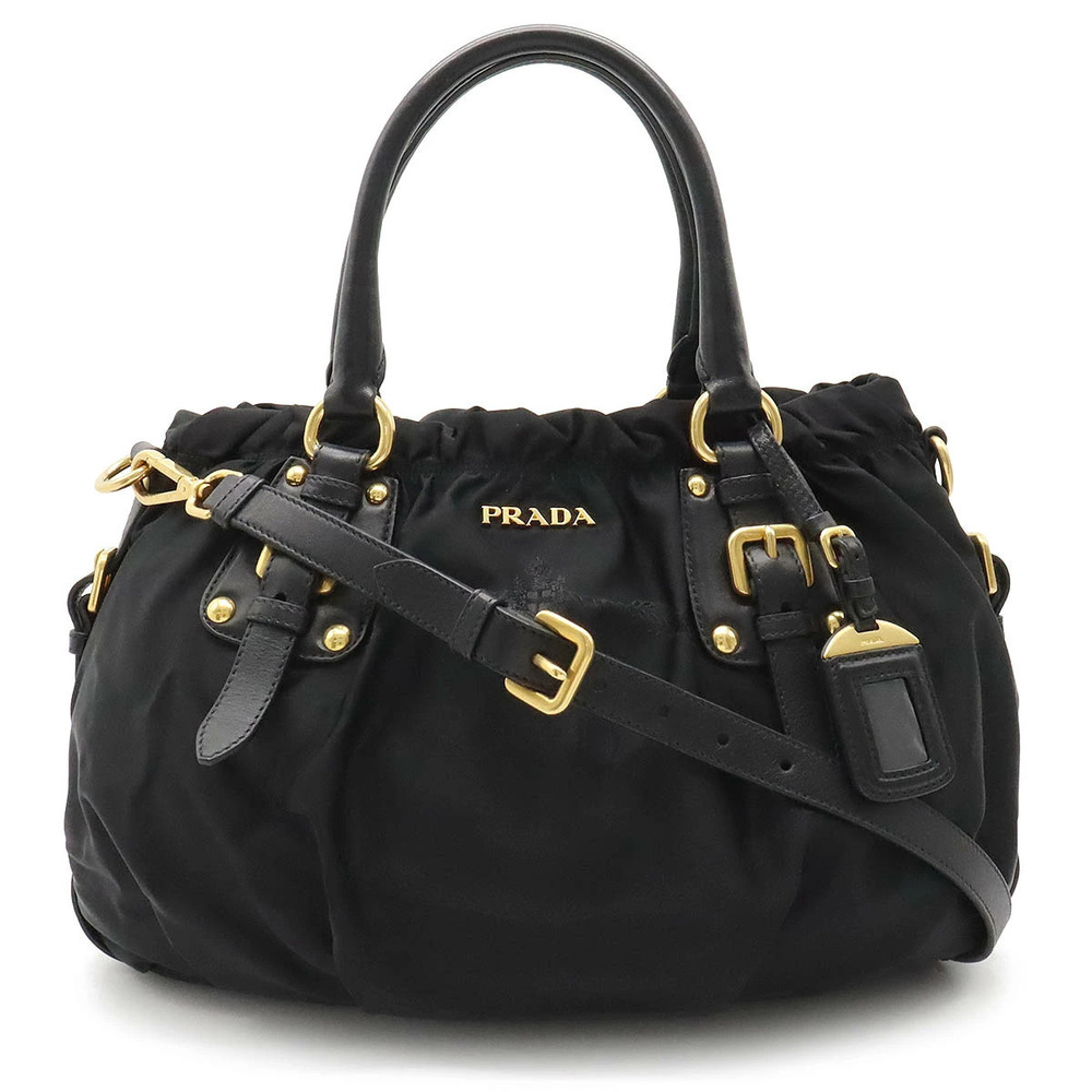 Prada Jacquard Tote Bag Shoulder Gathered NERO Black